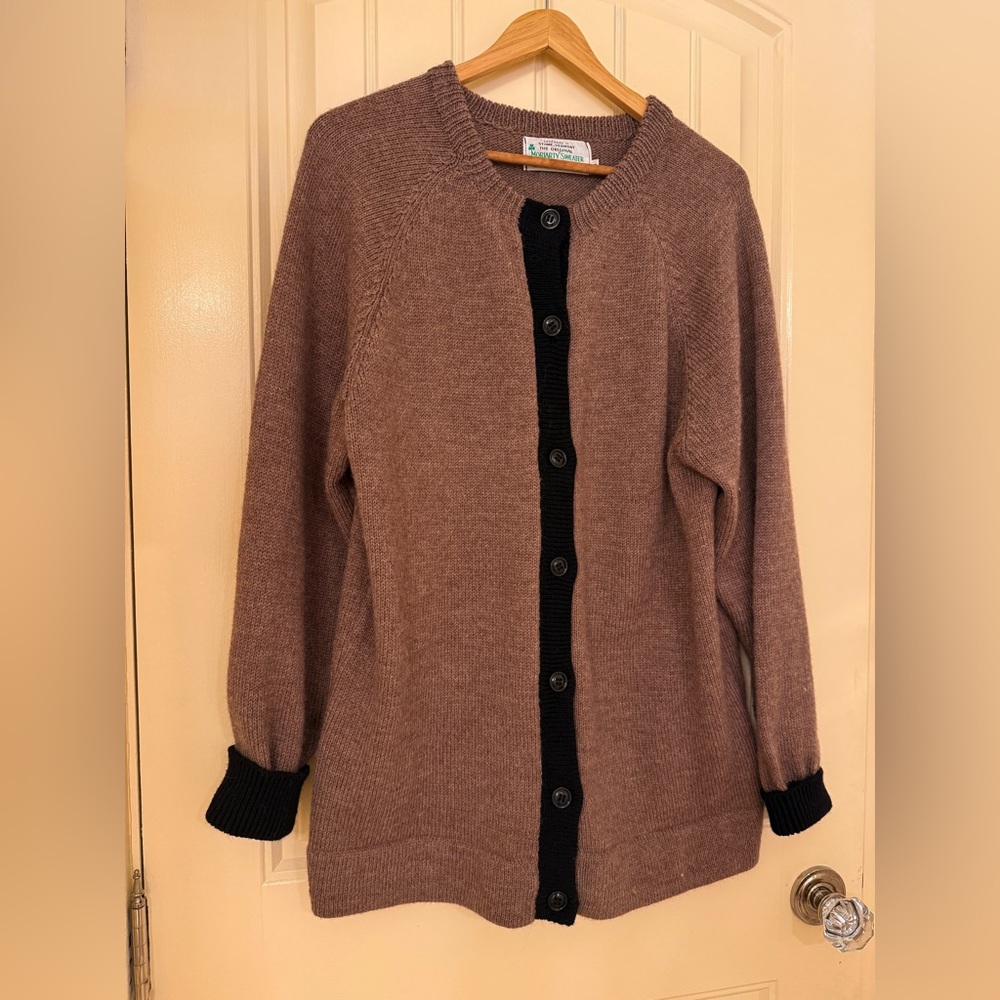 Women's Brown Wool Cardigan with Black Trim